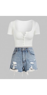 Button Up Ribbed Crop Tee With Ripped Denim Shorts