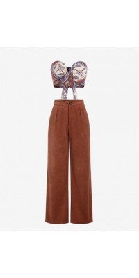 Scarf Print Tie Strapless Top And Corduroy Pleated Wide Leg Pants Outfit