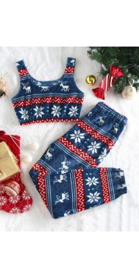 Christmas Elk Snowflake Fleece Crop Top And Pants Set