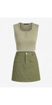 Women's Ribbed Button Placket Crop Tank Top And Zipper Fly Mini Skirt Set