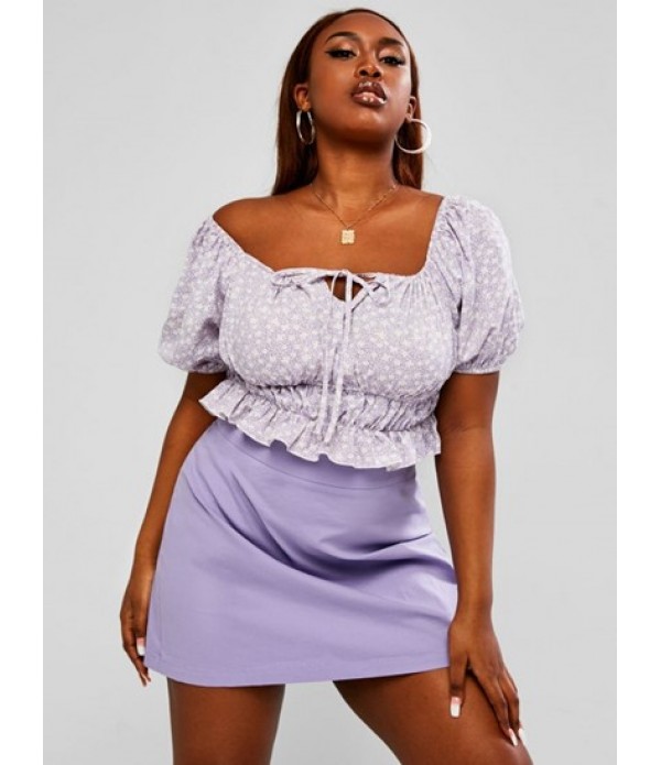 Plus Size Tiny Floral Tie Collar Peplum Skirt Set
