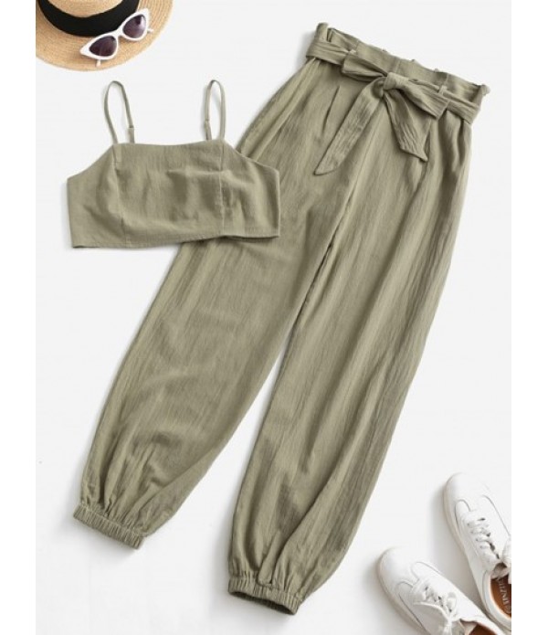 Smocked Back Cropped Belted Jogger Paperbag Pants Set
