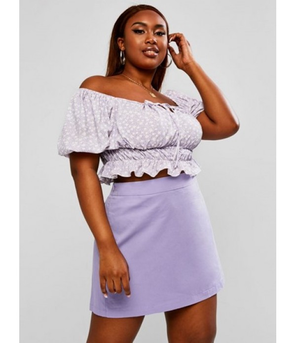 Plus Size Tiny Floral Tie Collar Peplum Skirt Set