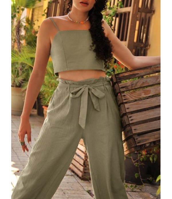 Smocked Back Cropped Belted Jogger Paperbag Pants Set