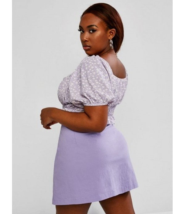 Plus Size Tiny Floral Tie Collar Peplum Skirt Set