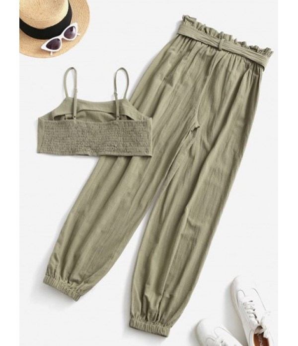 Smocked Back Cropped Belted Jogger Paperbag Pants Set